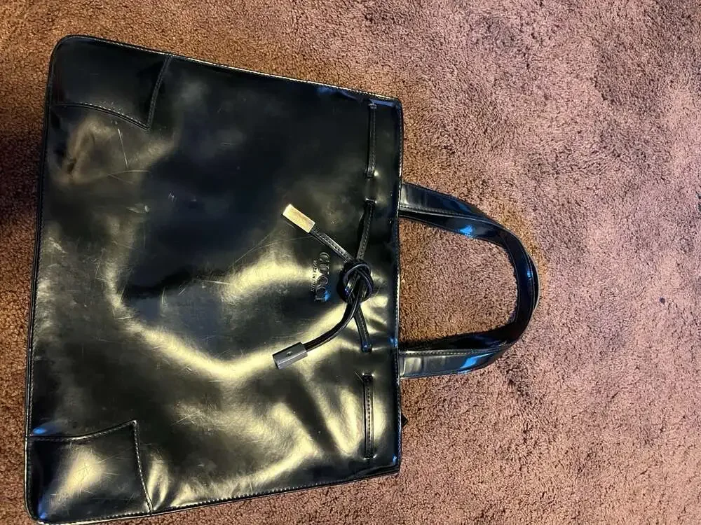 GUCCI Vintage Black Patent Leather Tote Bag with Drawstring and Front Logo